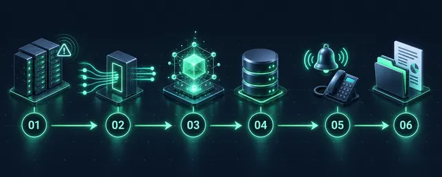 Altı adımda AI destekli NOC akışı: Zabbix alarmı, API, yapay zekâ analizi, veritabanı, bildirim ve eskalasyon, case takibi ve raporlama